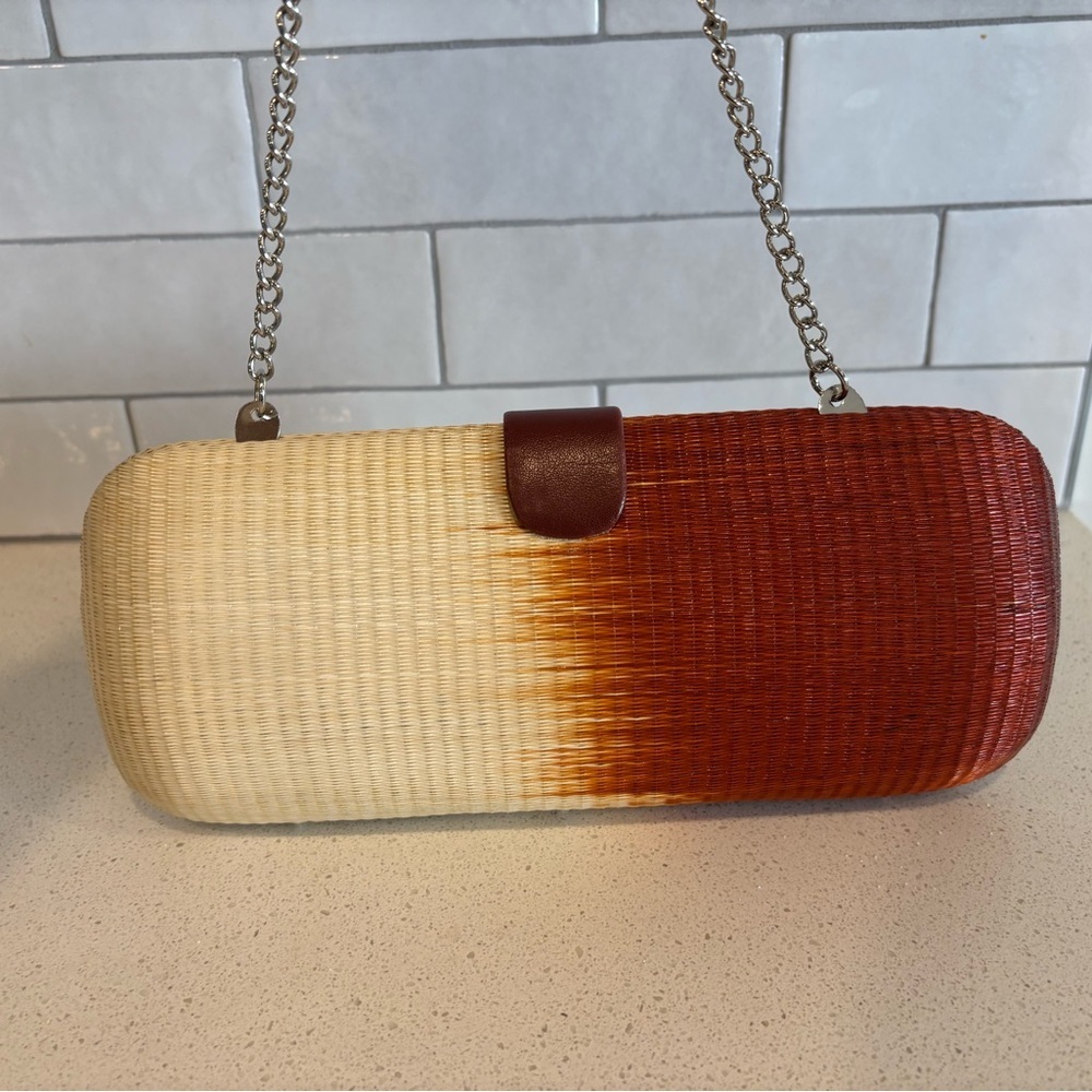 Le Sac Ombre Rattan Clutch Purse Over the Shoulder Silver Chain boho Vintage - Picture 4 of 8